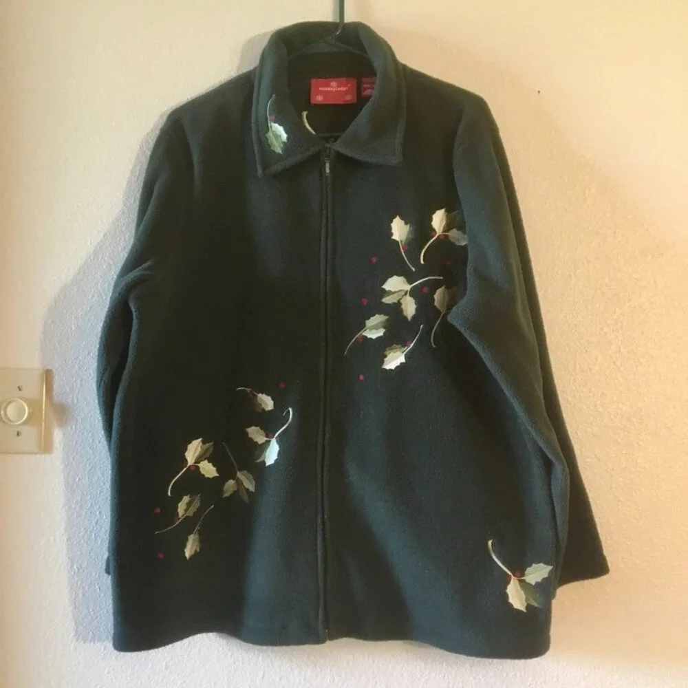 VTG Not Ugly Christmas Sweater Dark Green Embroidered Holly Plus Size 18W 20W - Picture 1 of 6